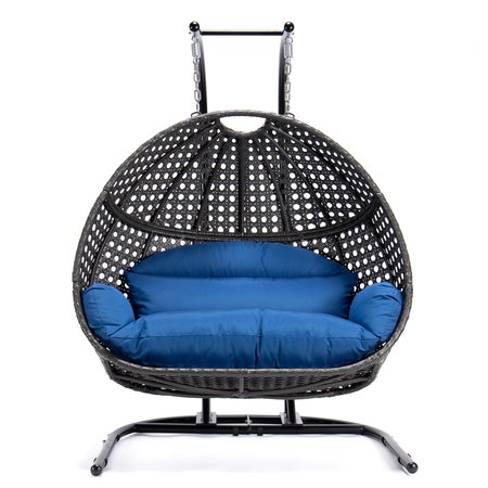 LEISUREMOD Wicker Hanging Double Egg Swing Chair with Blue Cushions EKDCH-57BU
